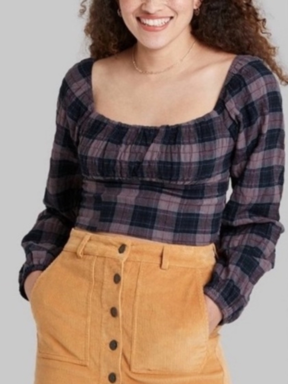 wild fable Purple and Black Plaid Square-Neck Long Sleeve Top